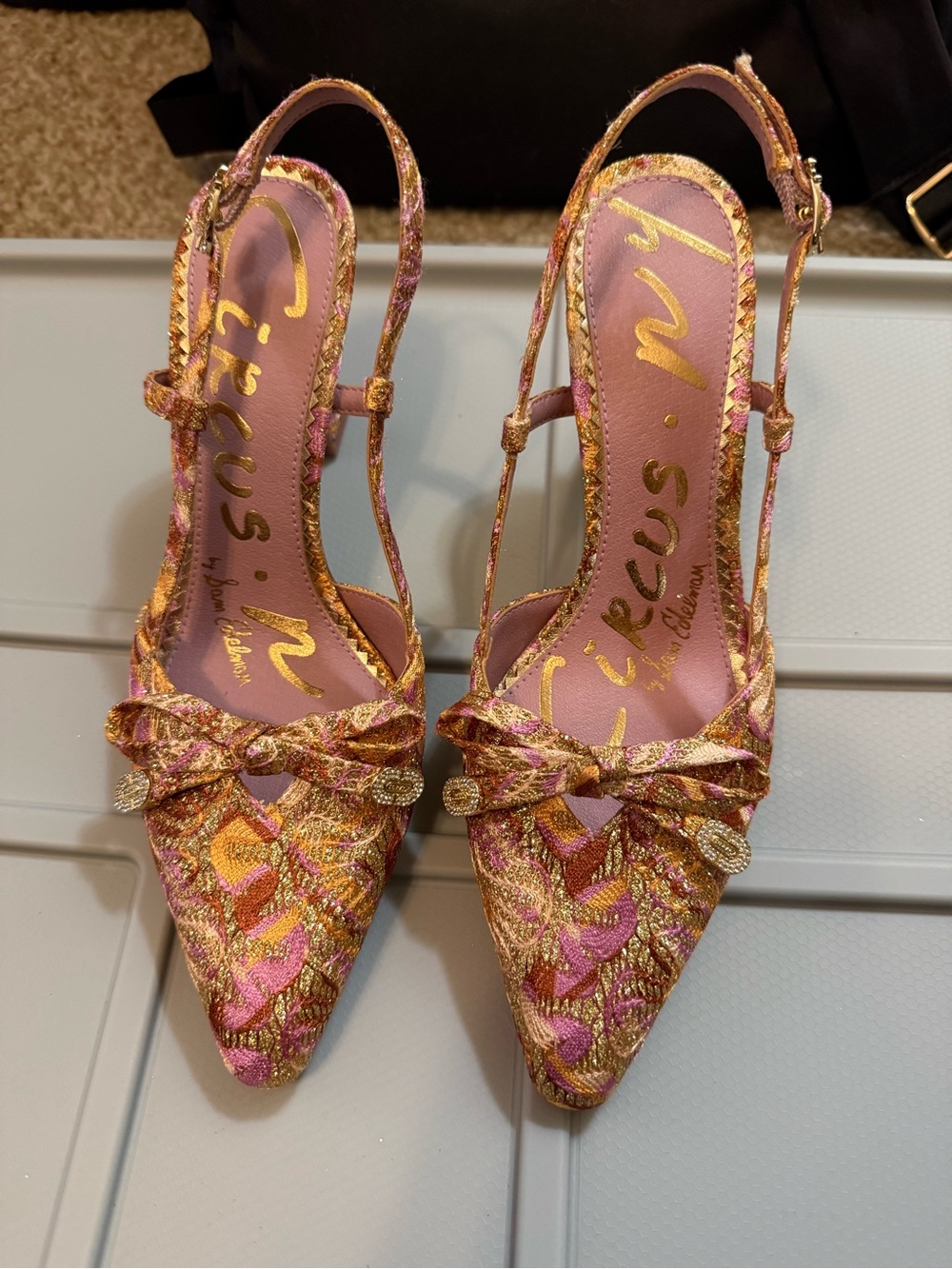 Circus by Sam Edelman Pink and Gold Embroidered Slingback Heels